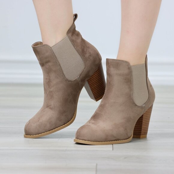 Womens Ankle Boots High Heel Tan Elastic Gore Synthetic Suede Round Toe - Picture 9 of 11